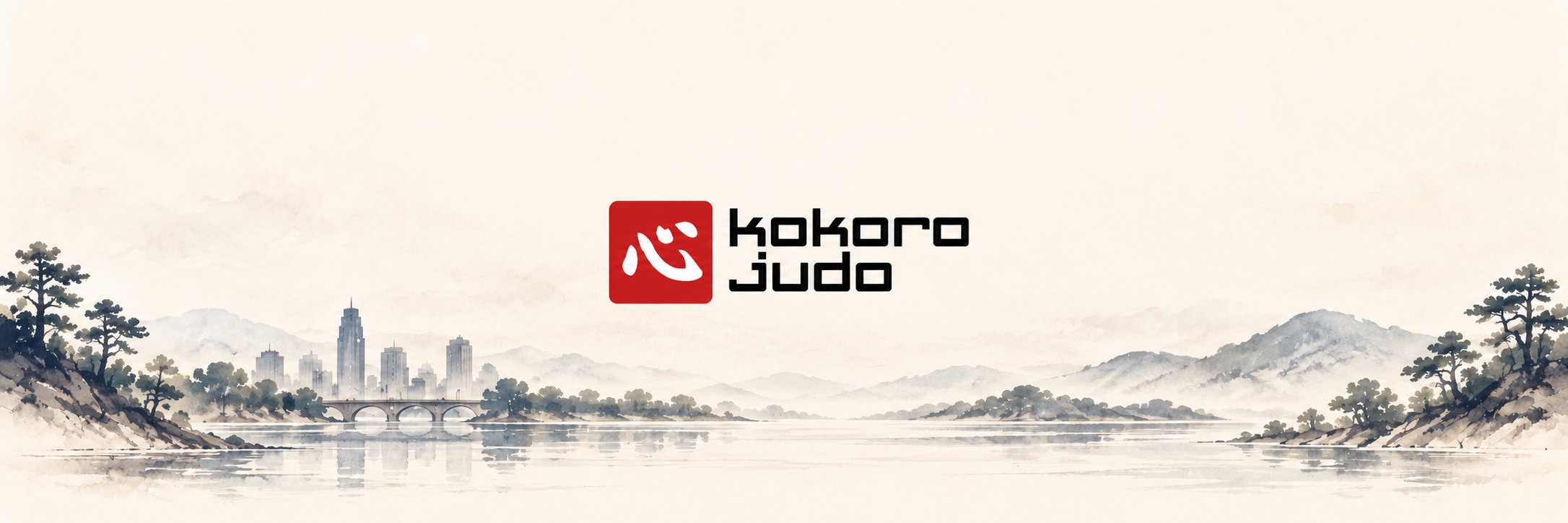 Kokoro Judo logo over an ink-wash landscape